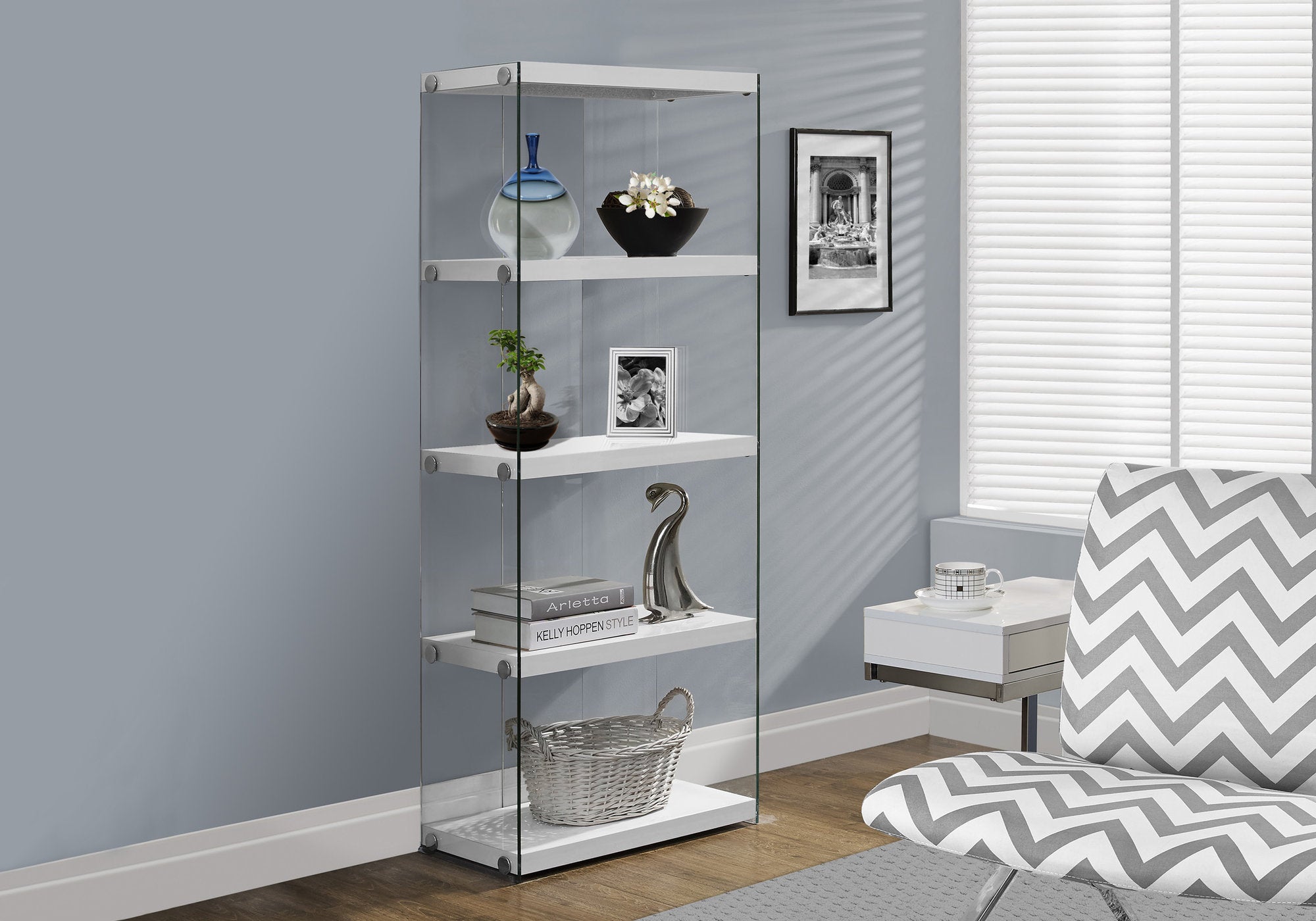 60" 5-Shelf Etagere Bookcase Shelf With Tempered Glass Frame In Glossy White