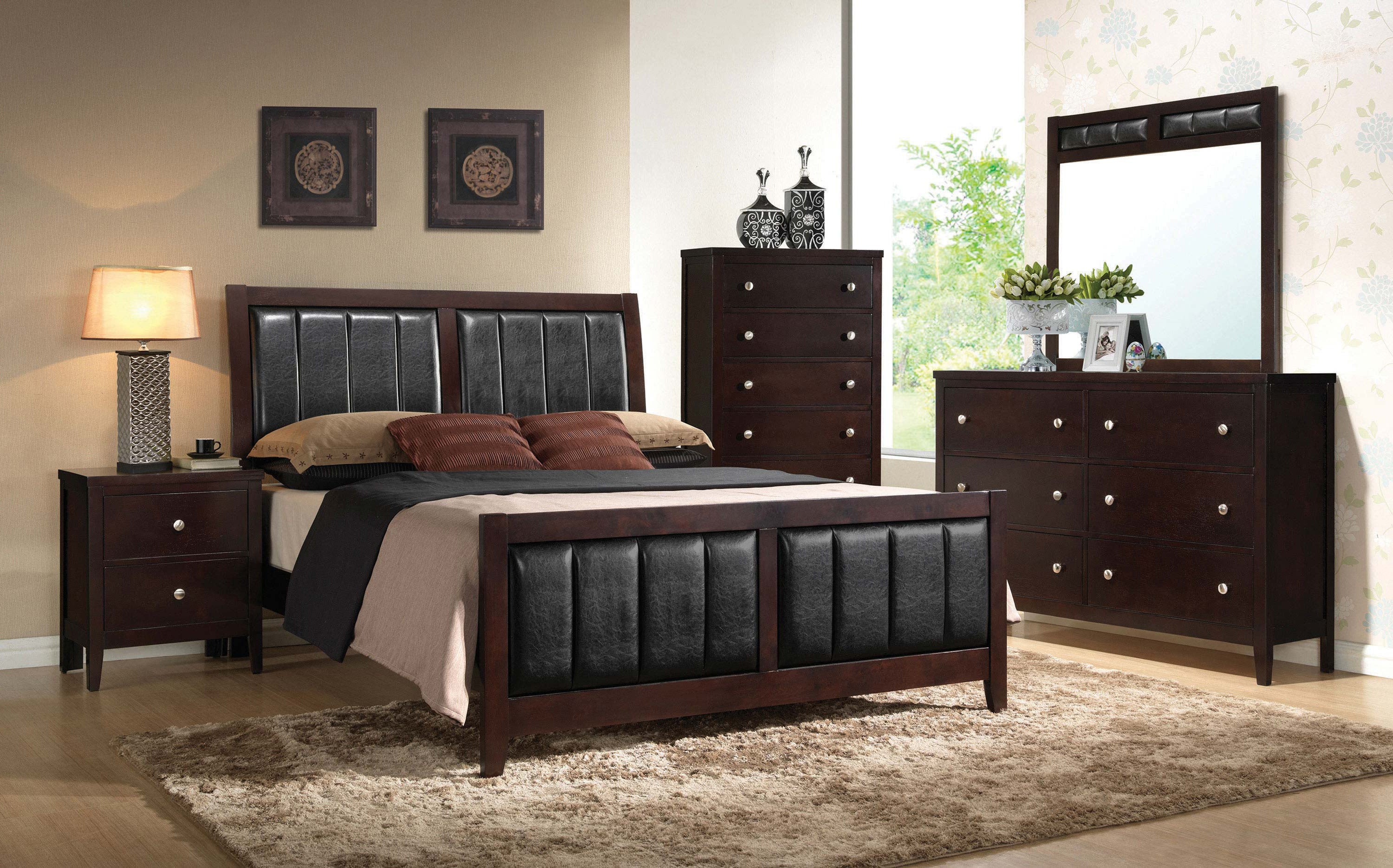 Transitional 4 PC King Bedroom Set with Upholstered Headboard in Cappuccino