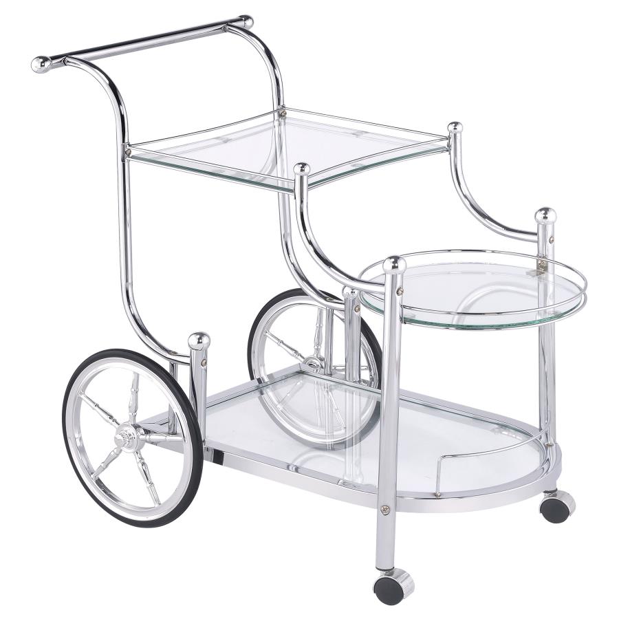 3-Tier Wheeled Recreation Game Room Serving Cart with Finials, Chrome and Clear
