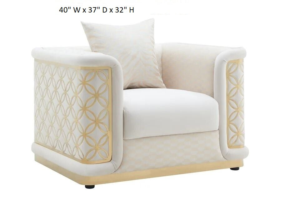 Renee 3Pc Contemorary Cream Gold Living room Sofa Set In Velvet