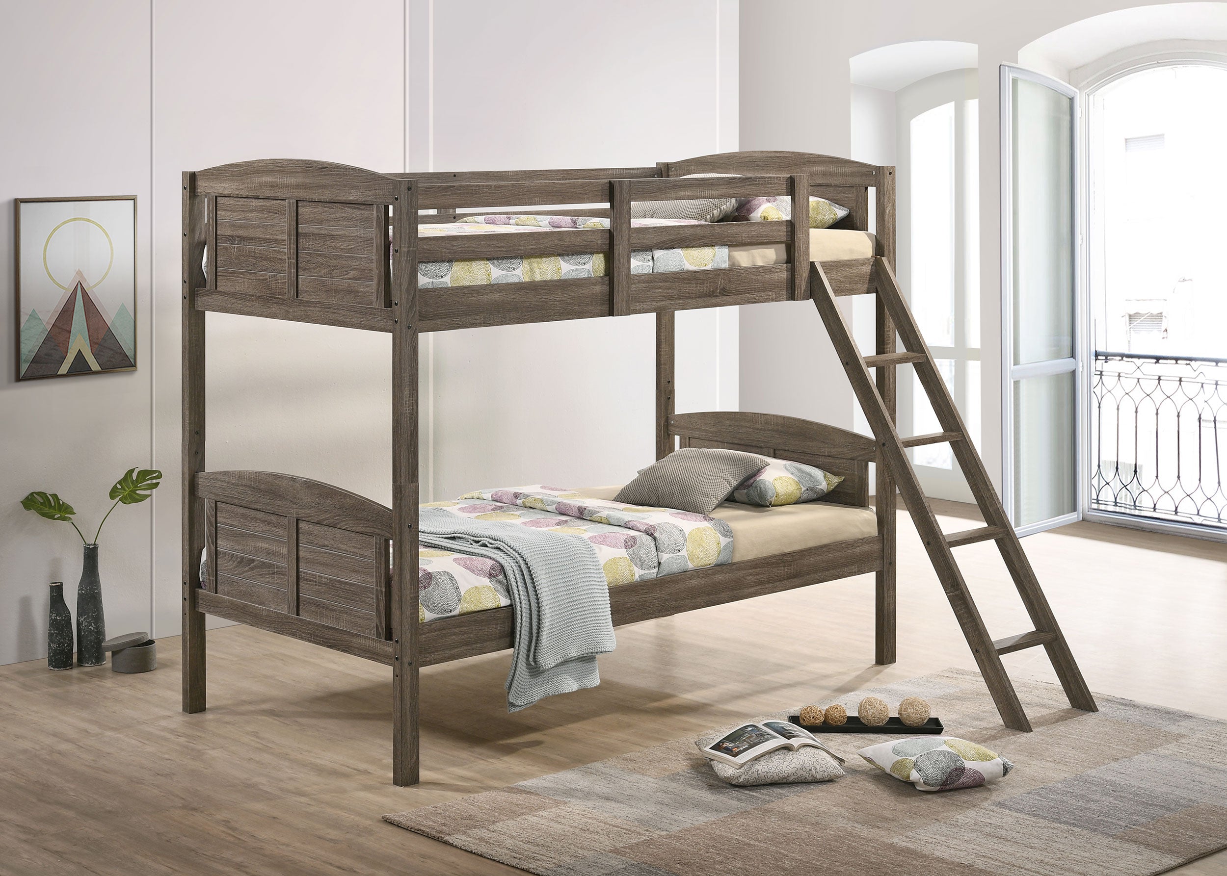 Flynn Wood Twin Over Twin Bunk Bed - Weathered Brown