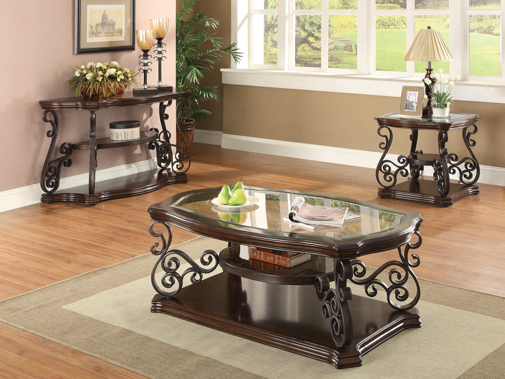 Traditional Coffee Table With Ornate Metal Base and Glass Top in Deep Merlot