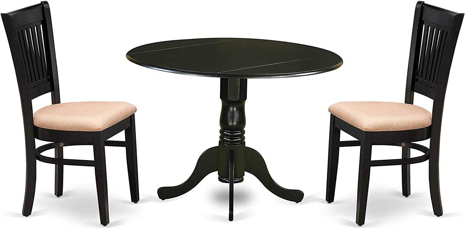DLVA3-BLK-C Black Round Dining 42" Dropleaf Table & 2 Linen Fabric Upholstered Chairs