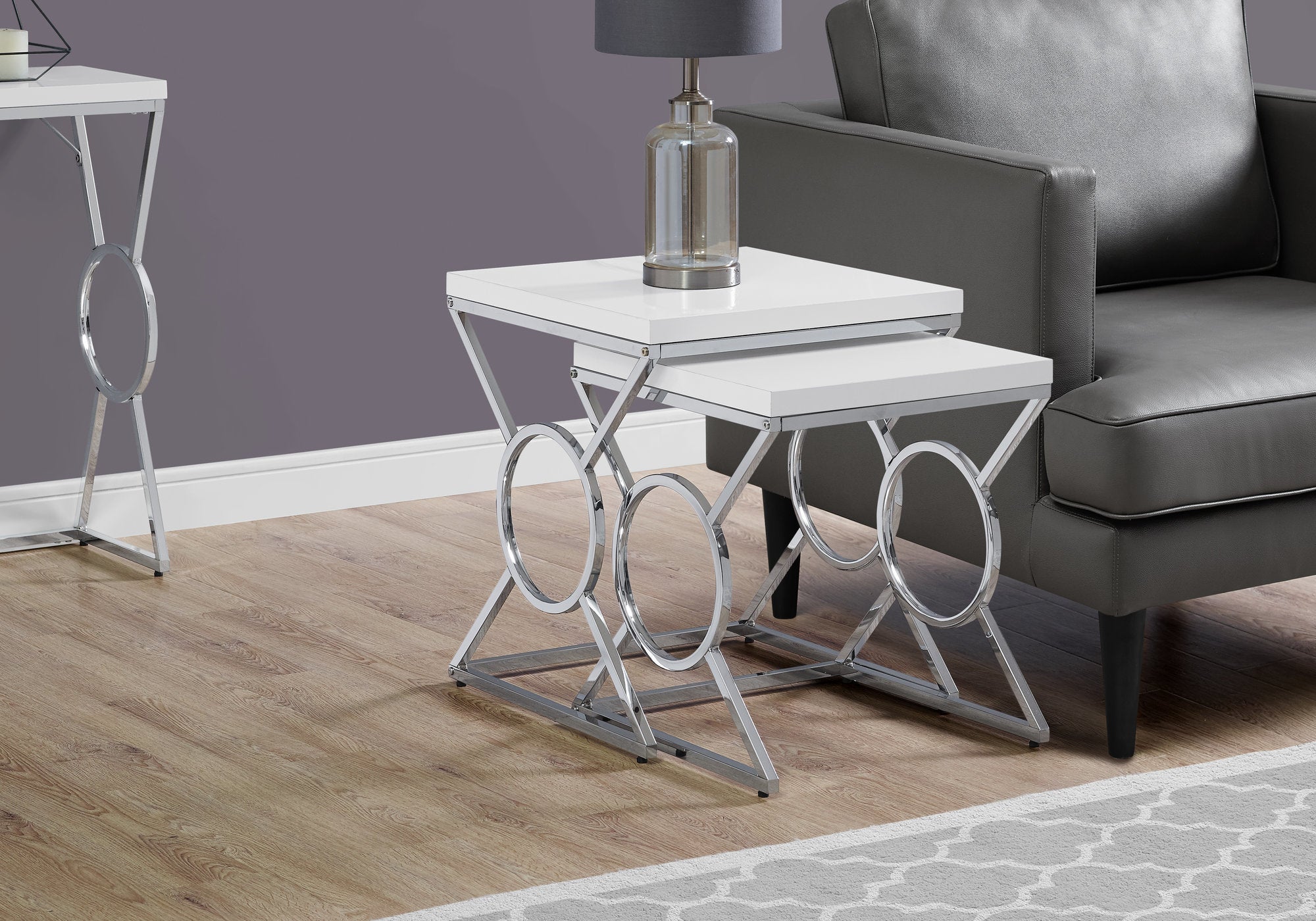 Contemporary Glossy White Nesting Tables with Circular Pattern Set Of 2