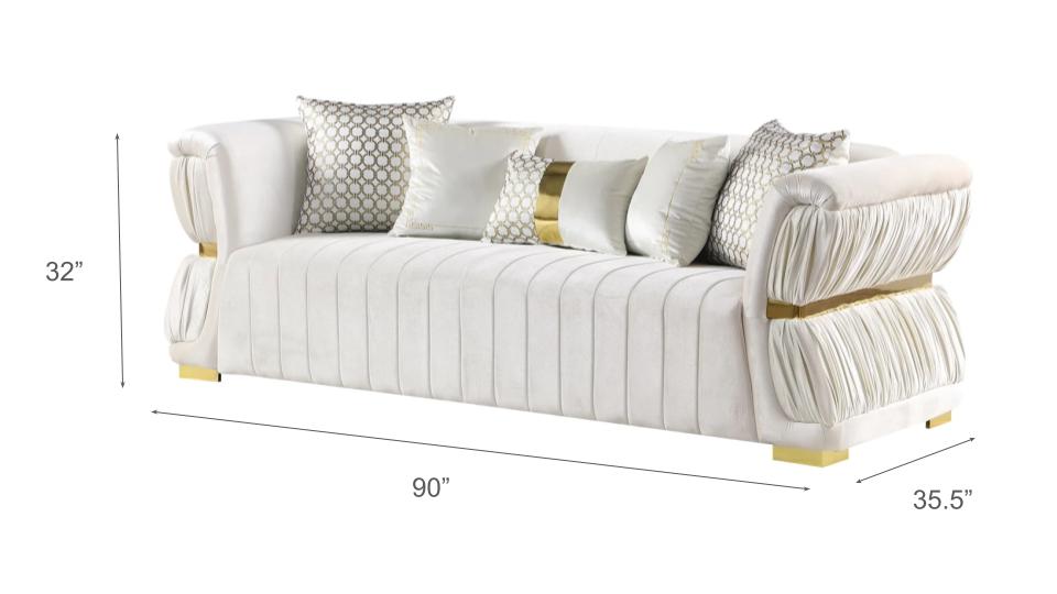 Gemma 2 PC Luxe Glam Velvet White Gold Sofa Loveseat Living Room Set