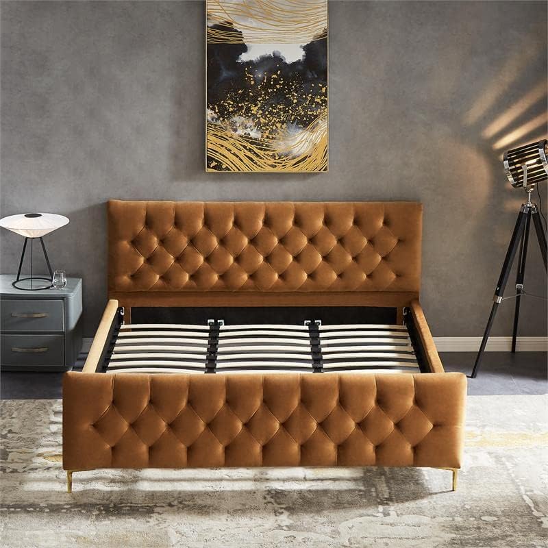 Bella Mid-Century Modern Velvet Upholstered King Platform Bed in Tan