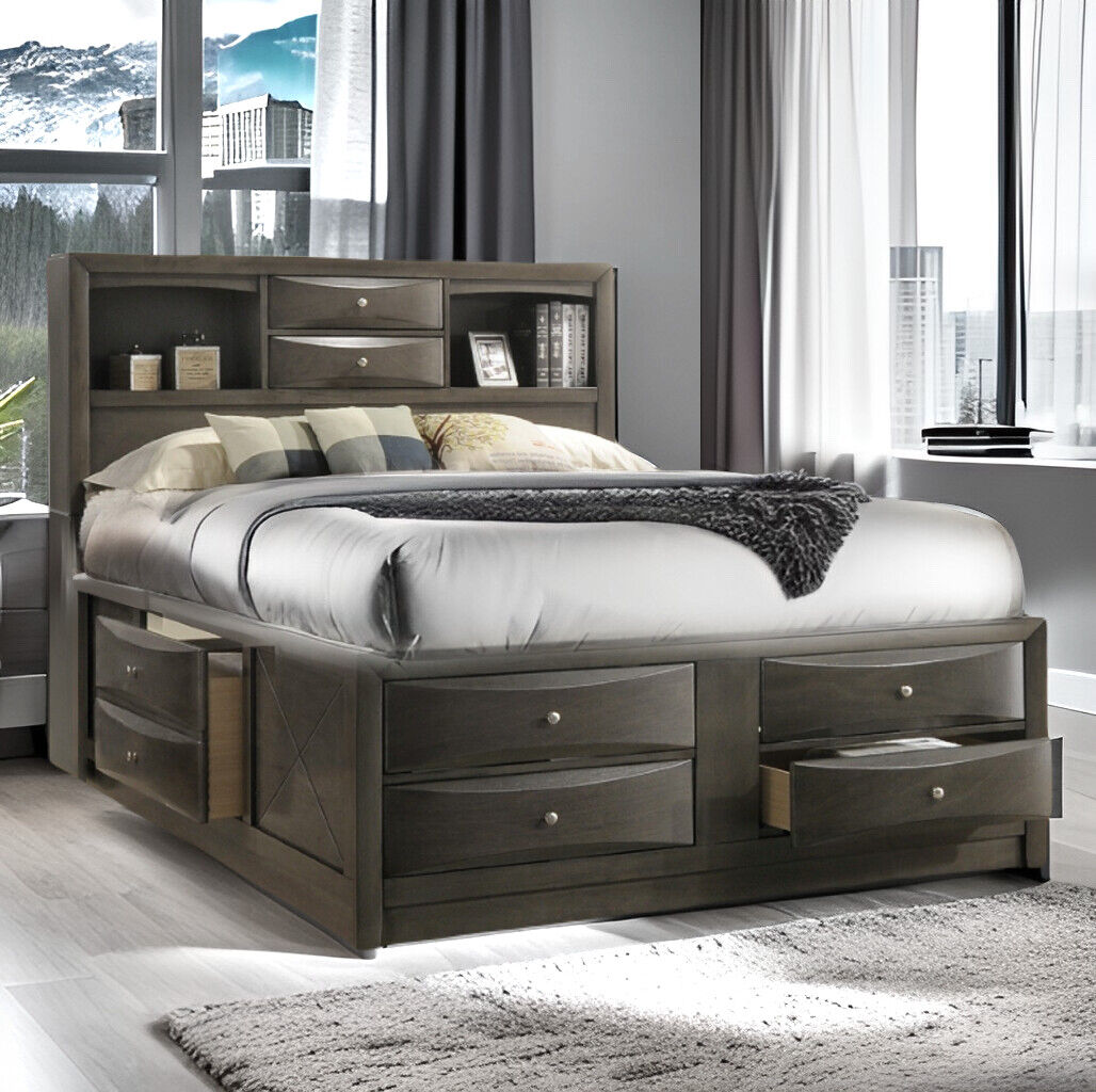 Emilia Transitional Queen Bookcase Bed with 8 Storage Drawers In Grey