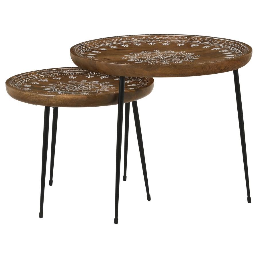 Nuala 2 Piece Round Nesting Table with Tripod Tapered Legs In Honey and Black