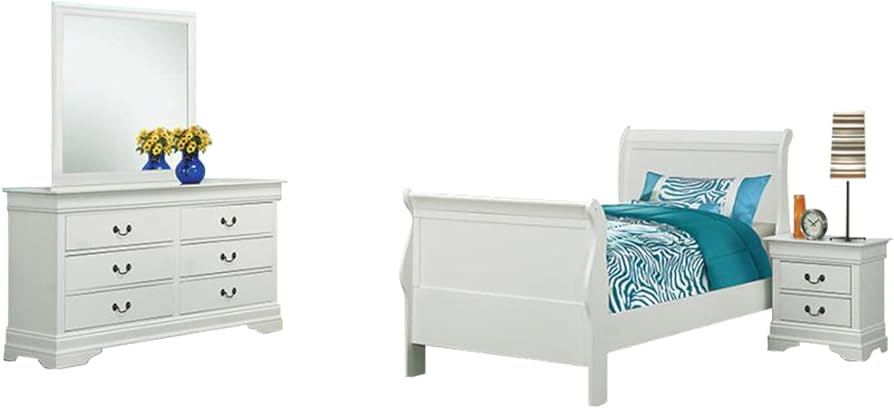 Louis Philippe 4-Piece Wood Twin Sleigh Bedroom Set in White