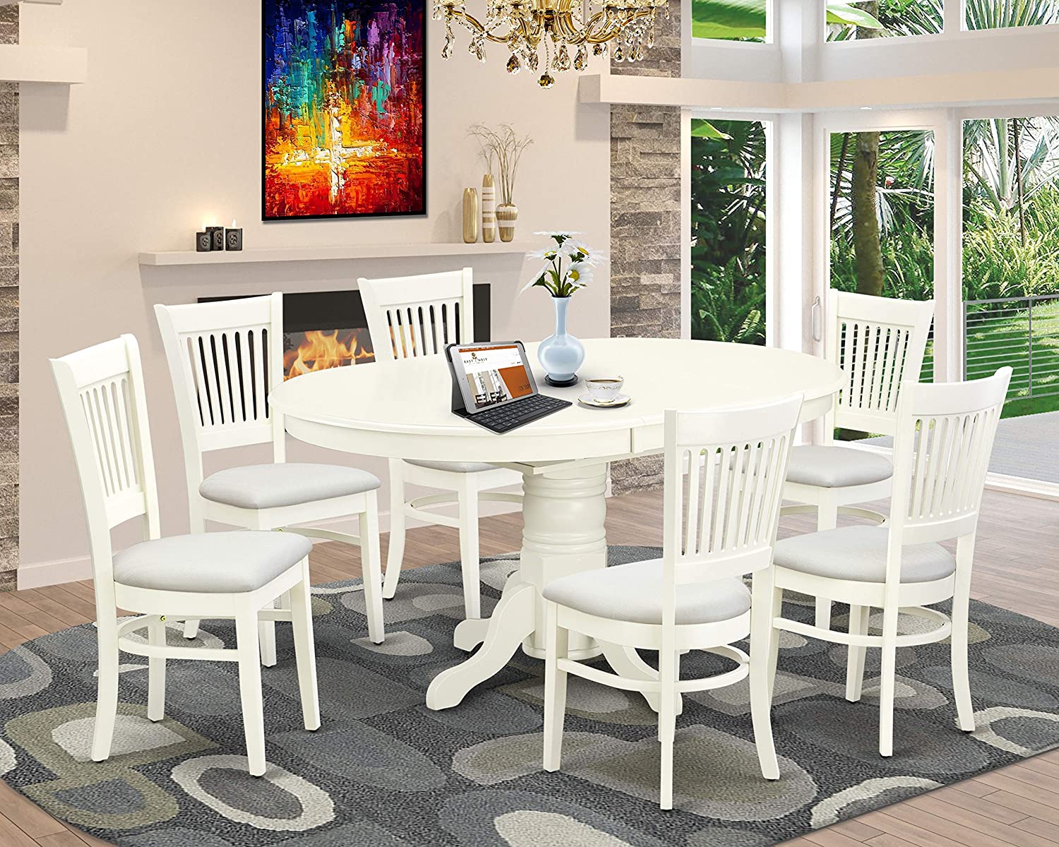 7 Pc Linen White Oval Dining Table With Leaf and 6 Upholstered Dining Chairs Set