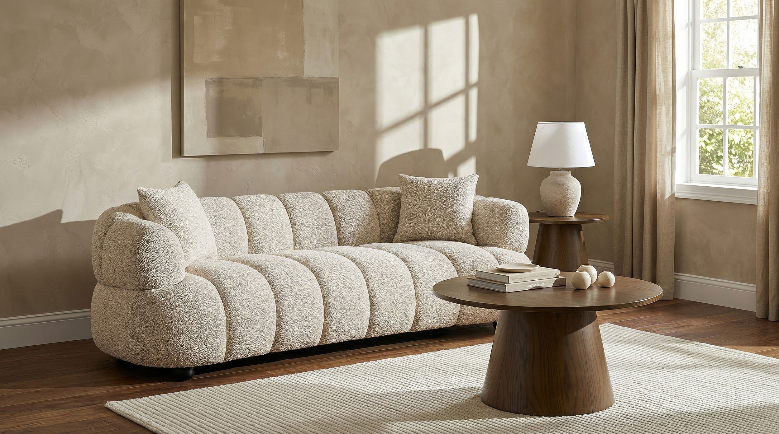 Whitney Contemporary Channel Tufted Woven Fabric Upholstered Sofa In Pebble