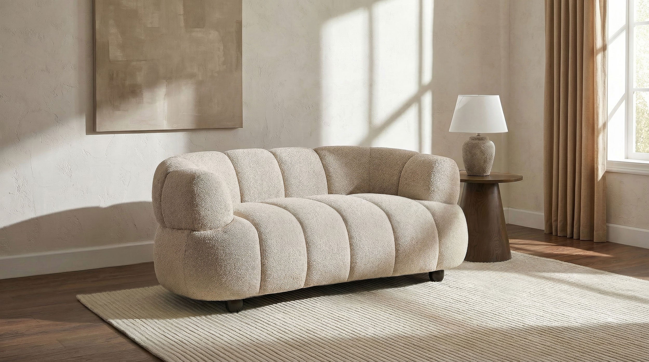 Whitney Contemporary Channel Tufted Woven Fabric Upholstered Loveseatin Pebble