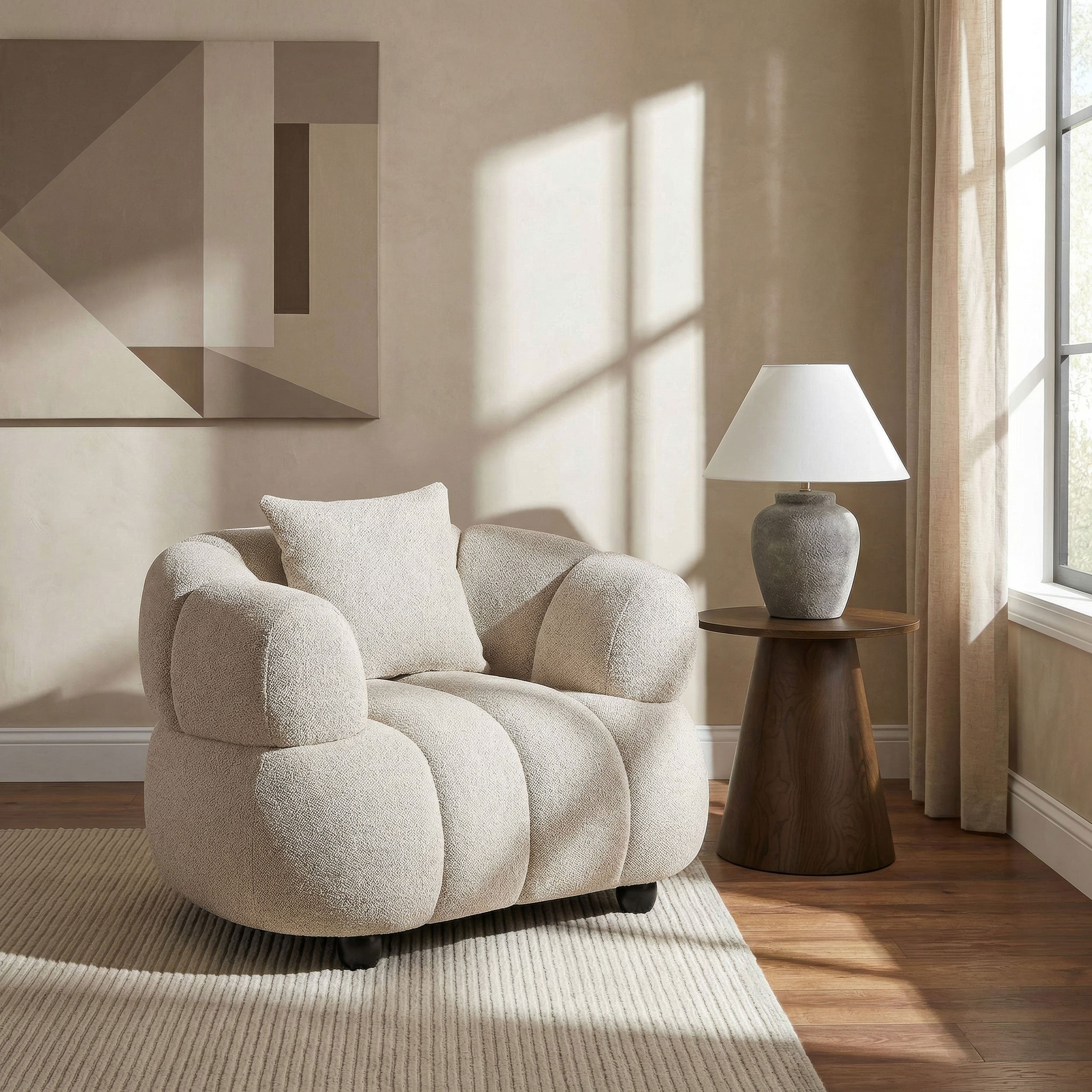 Whitney Contemporary Channel Tufted Woven Fabric Upholstered Accent Chair In pebble