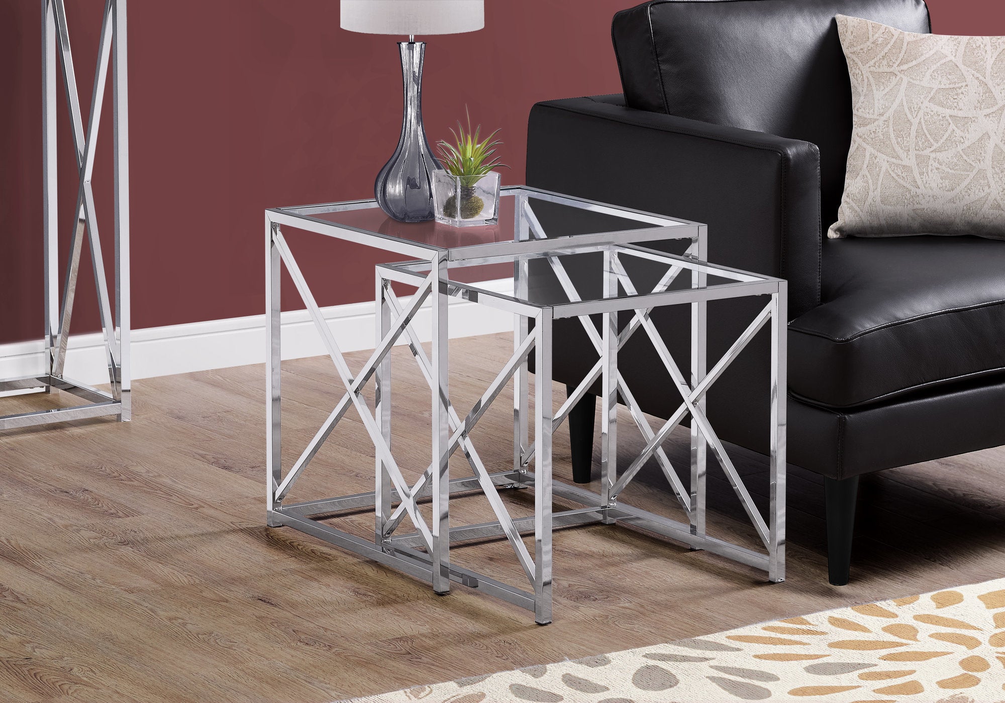 X Base 2 Pc Modern Nesting Table Set With Glass top In Chrome