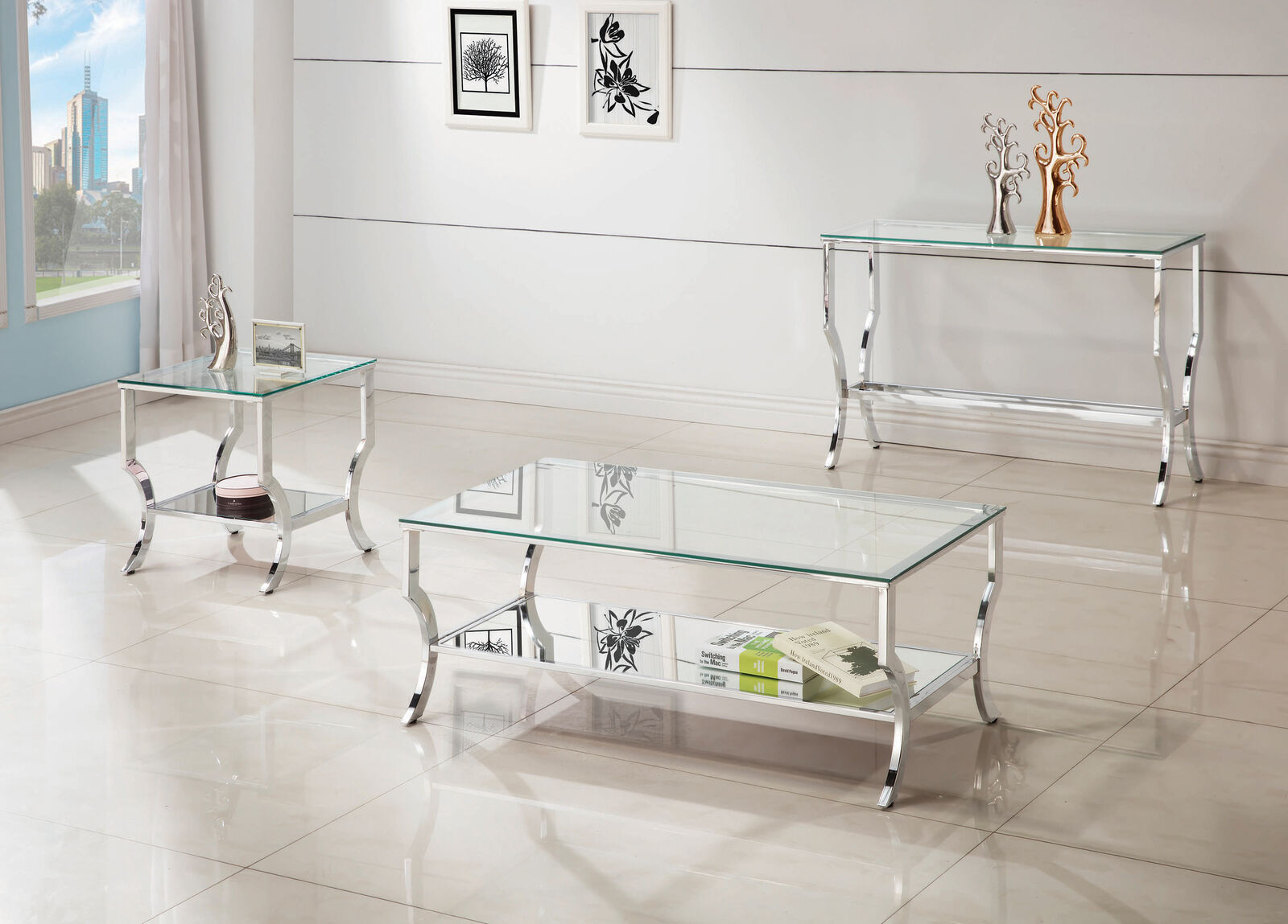 3 PC Modern Glam Occasional Coffee Table Set With Mirrored Shelf In Chrome