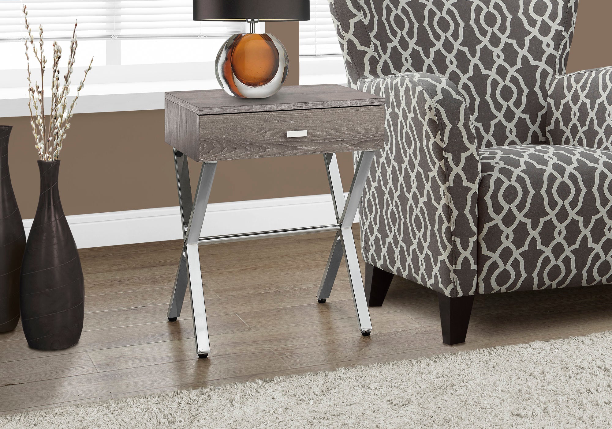 Dark Taupe / Chrome Accent Side Table Night Stand