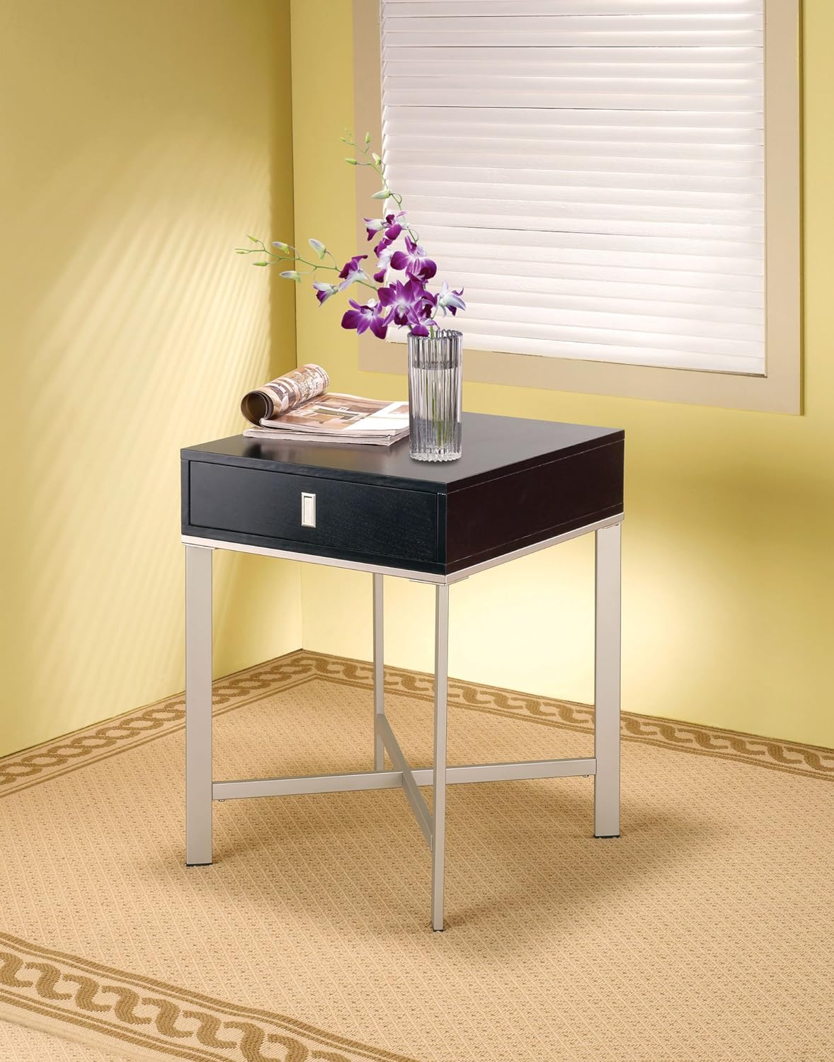 Modern Accent Table With Drawer And Nickel Legs in Espresso Finish