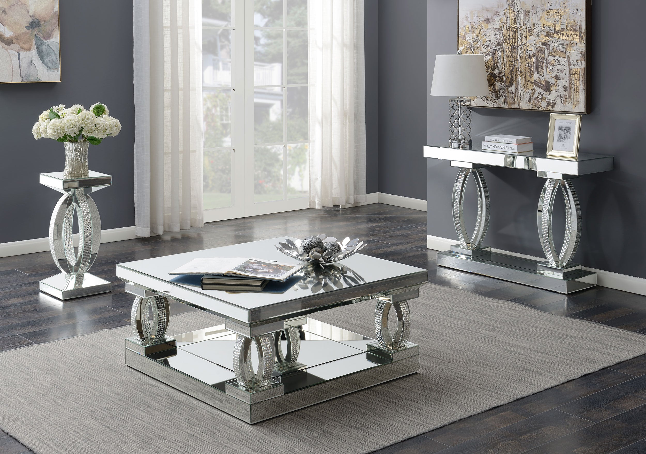 Modern Glam Mirrored Glass Top Acrylic Cocktail Coffee table With Shelf