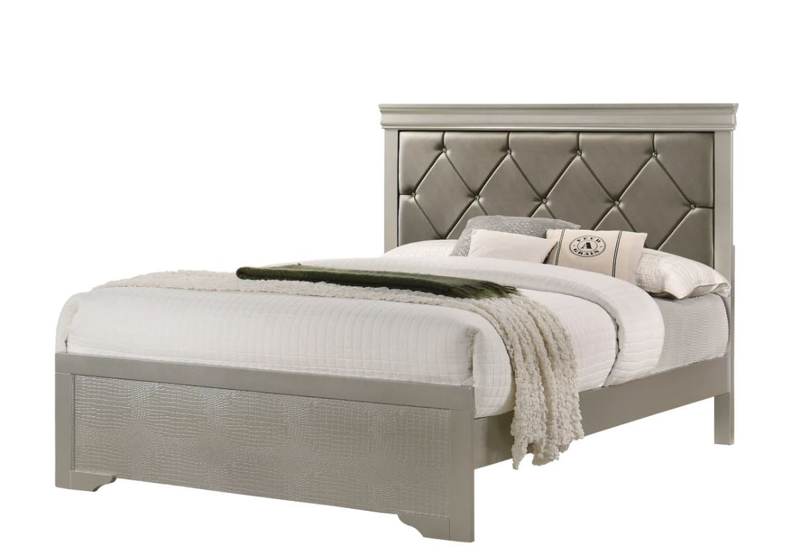 5 piece Amalia Queen Champagne Silver Upholstered Panel Bedroom Set