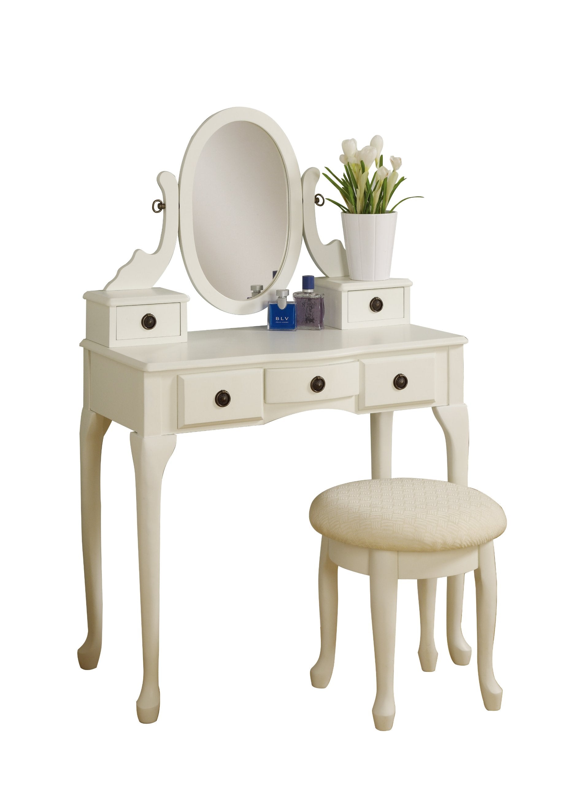 5 Drawer White Makeup Vanity Hair Dressing Table Set w Adjustable Mirror Padded Stool