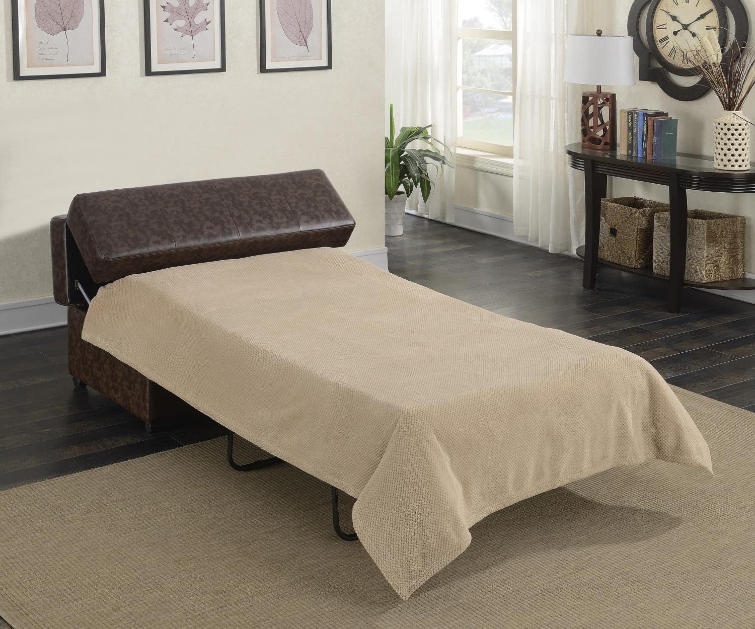 Rectangular Brown Upholstered Ottoman W/ Foldout Sleeper and Casters