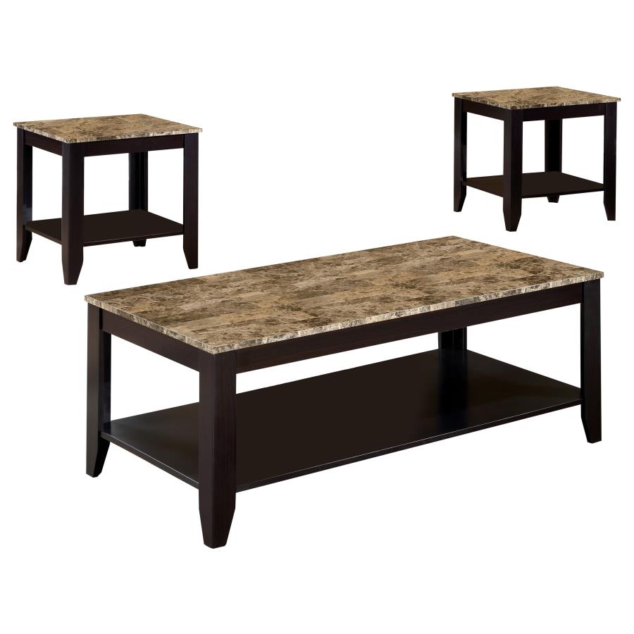 3-Piece Faux Marble Occasional Coffee Table Set With Shelf in Cappuccino