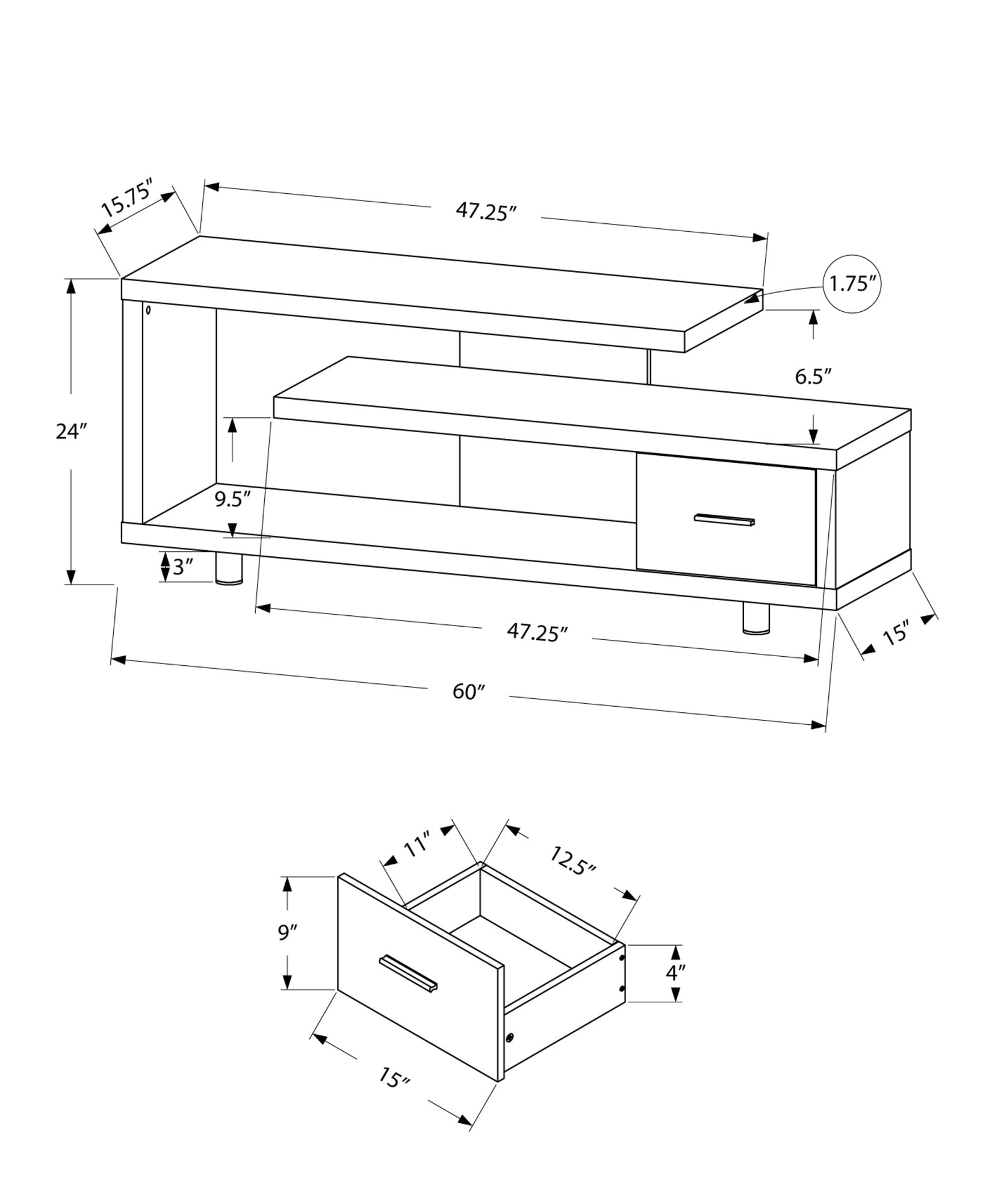 Dark Taupe 60" L Contemporary TV Media Stand with Drawer