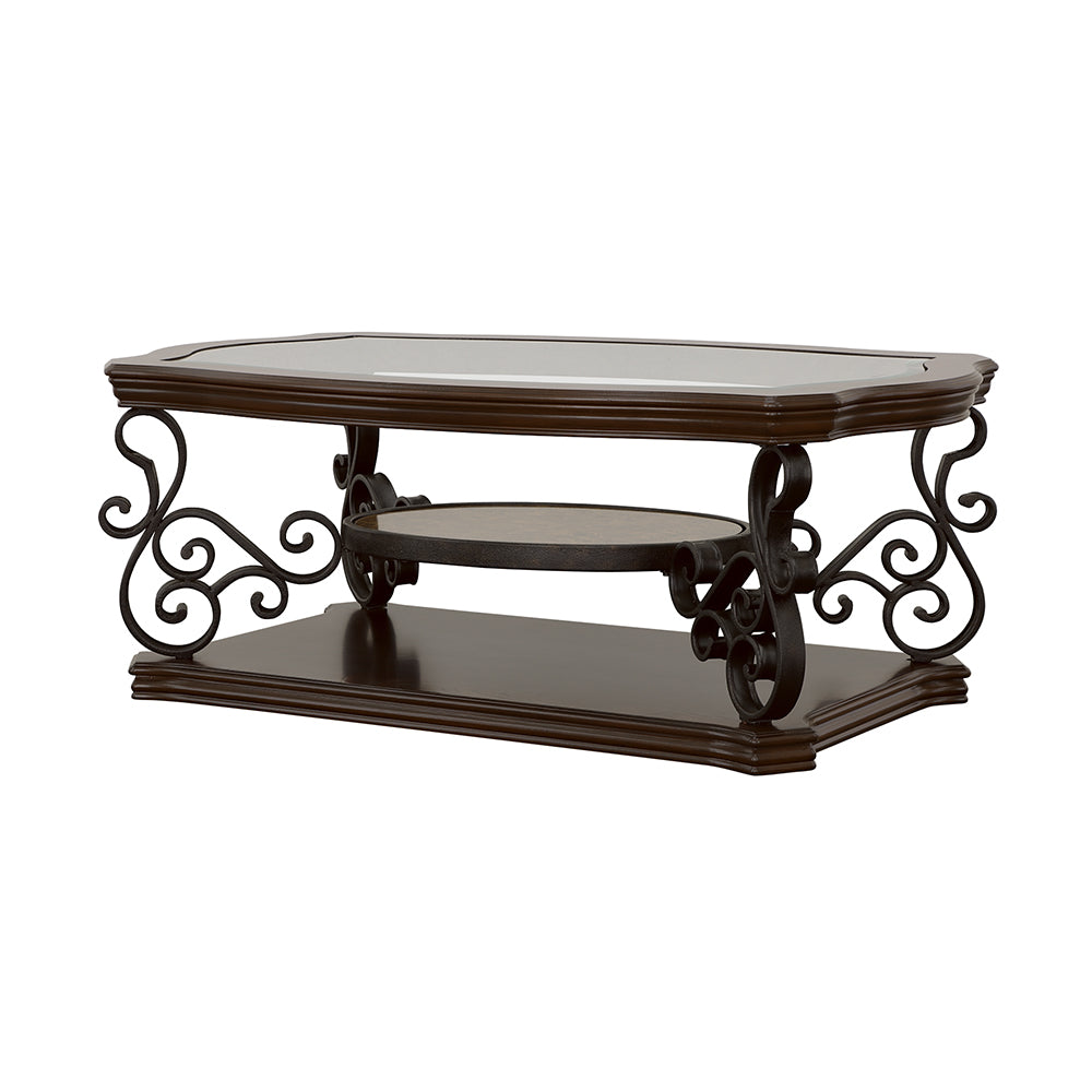 Traditional Coffee Table With Ornate Metal Base and Glass Top in Deep Merlot