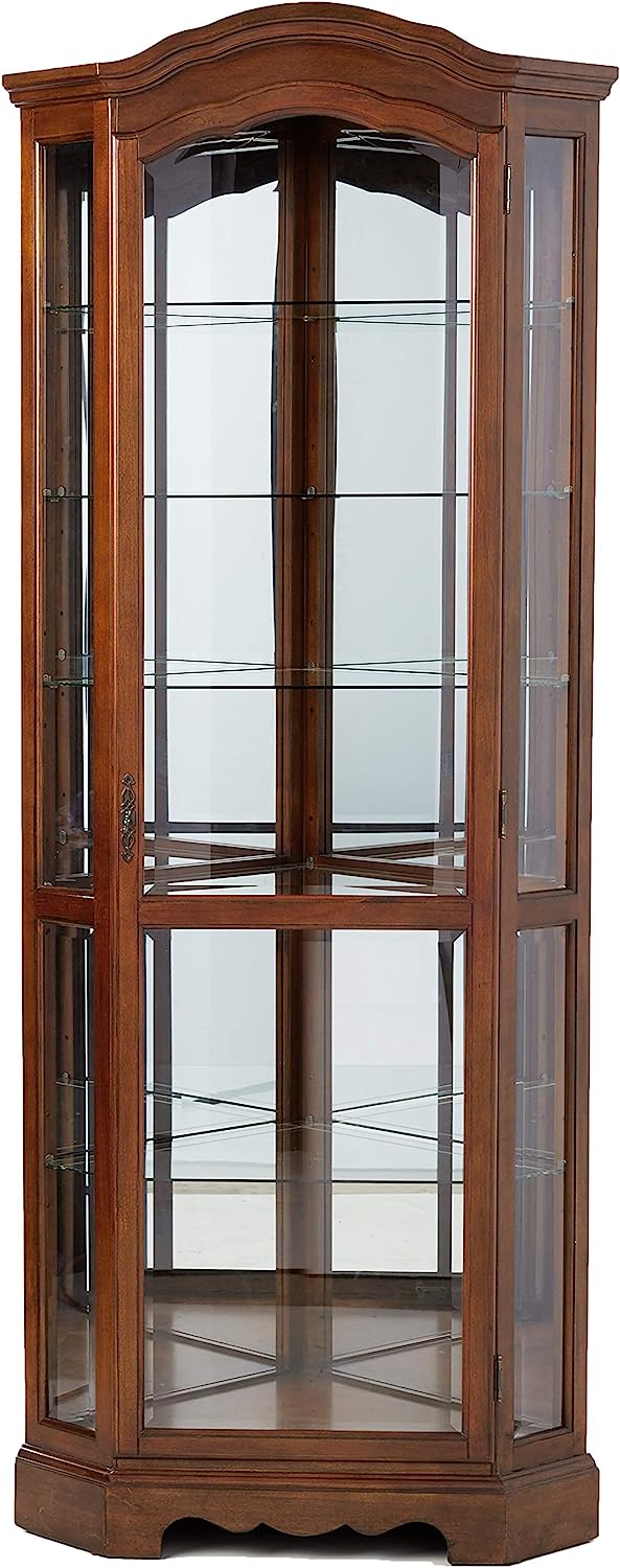 Traditional Lighted 5-Shelf Corner Curio Cabinet Medium Brown and Clear