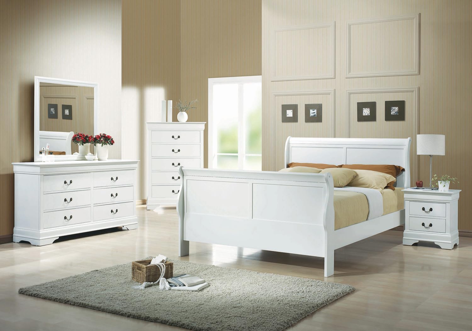 Louis Philippe 5-Piece Wood Full Sleigh Bedroom Set in White