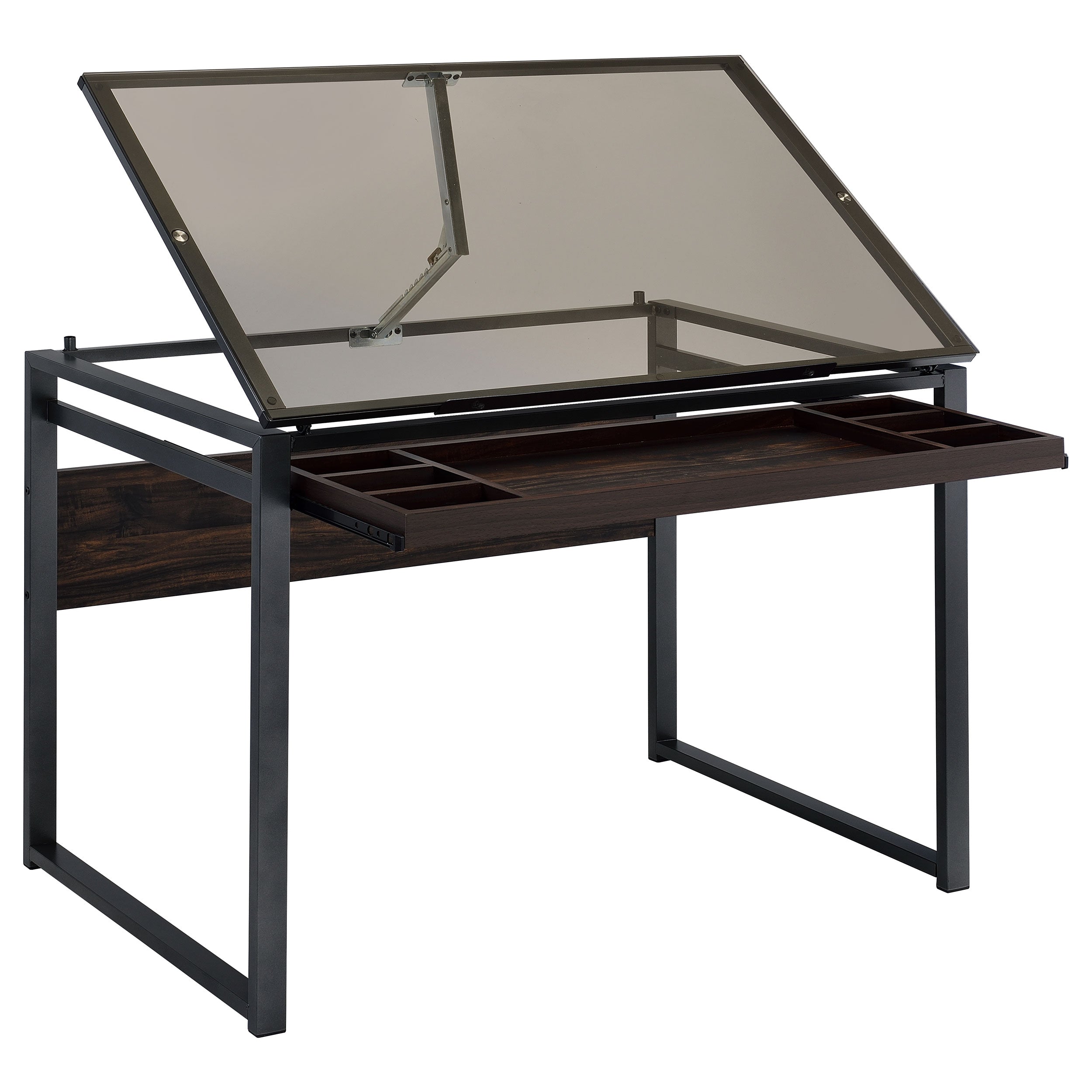 Pantano Glass Top Drafting Desk Dark Gunmetal and Chestnut