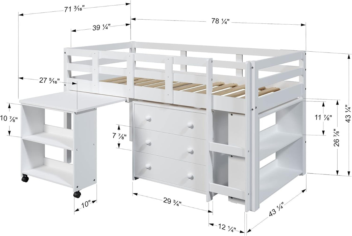 White Solid Wood Twin Kids Low Loft Bed Frame with Rolling Desk, Drawers and Shelves