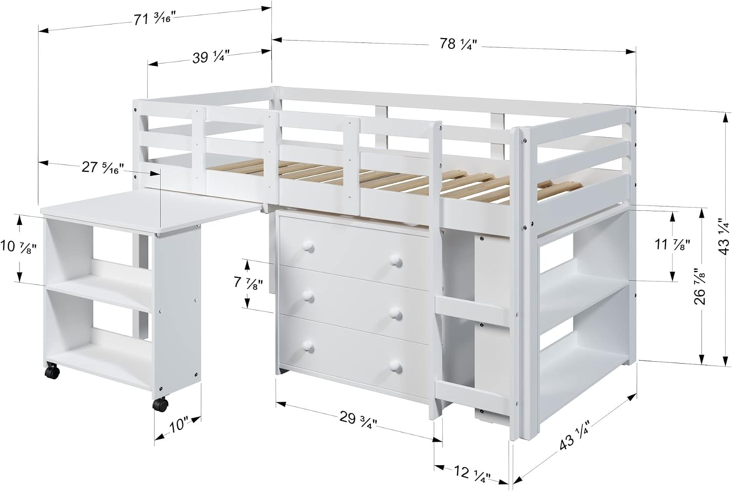 White Solid Wood Twin Kids Low Loft Bed Frame with Rolling Desk, Drawers and Shelves