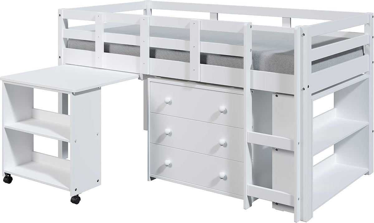 White Solid Wood Twin Kids Low Loft Bed Frame with Rolling Desk, Drawers and Shelves