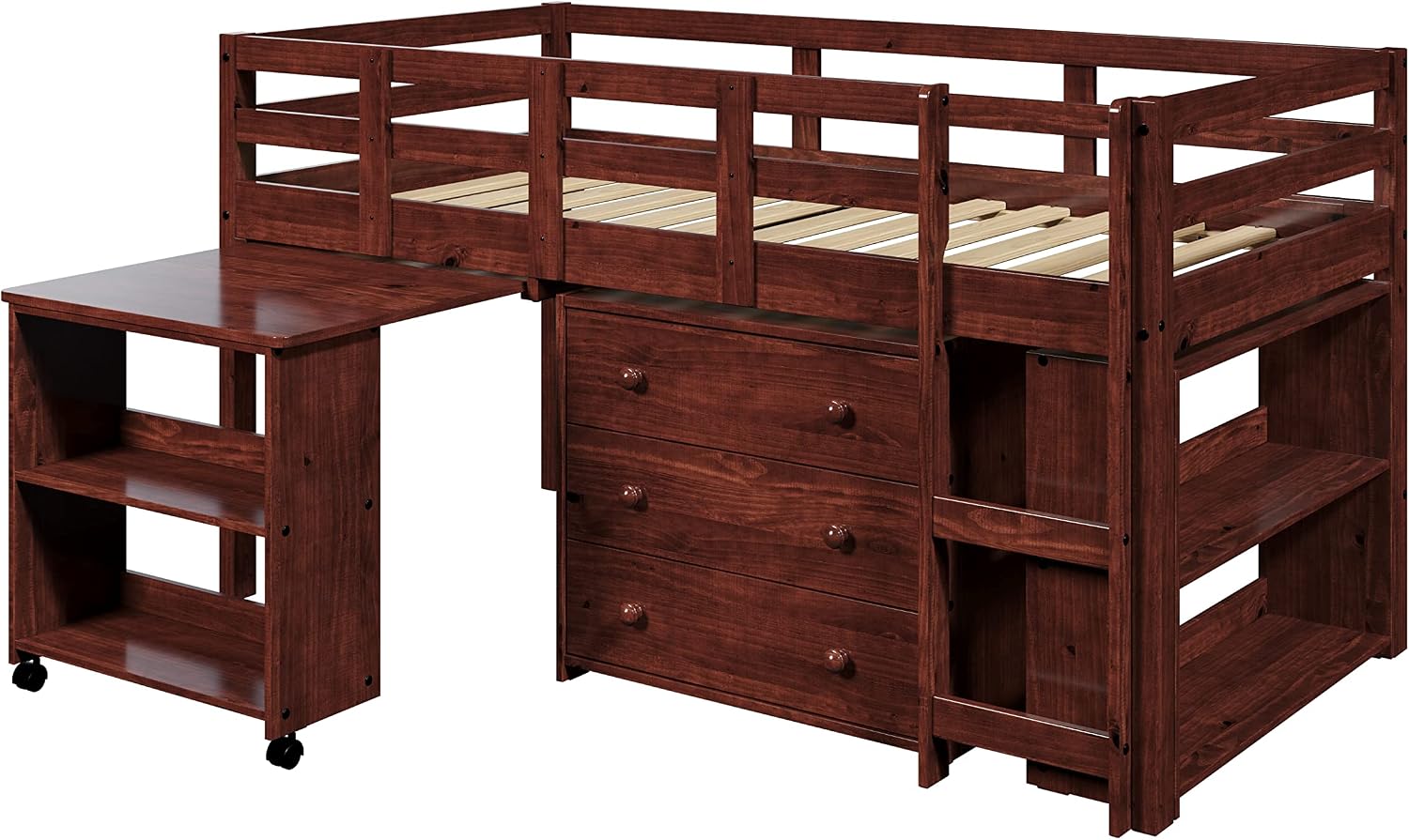 Espresso Solid Wood Twin Kids Low Loft Bed Frame with Rolling Desk, Drawers and Shelves