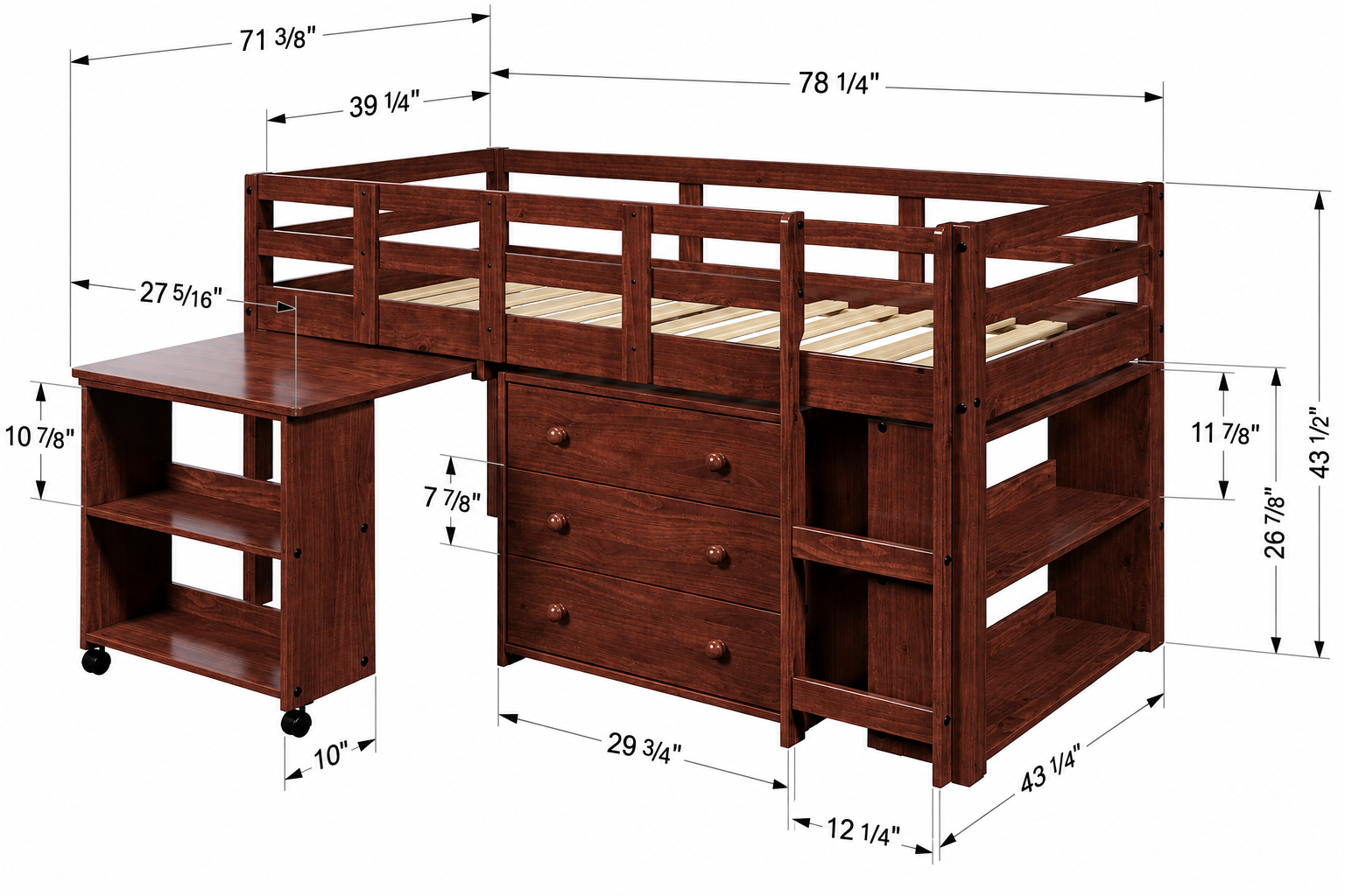 Espresso Solid Wood Twin Kids Low Loft Bed Frame with Rolling Desk, Drawers and Shelves