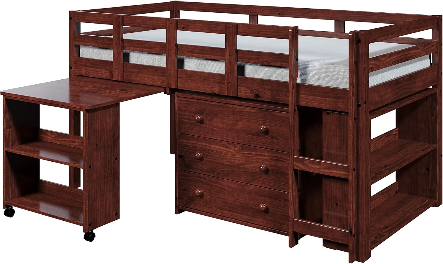 Espresso Solid Wood Twin Kids Low Loft Bed Frame with Rolling Desk, Drawers and Shelves