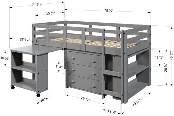 Grey Solid Wood Twin Kids Low Loft Bed Frame with Rolling Desk, Drawers and Shelves