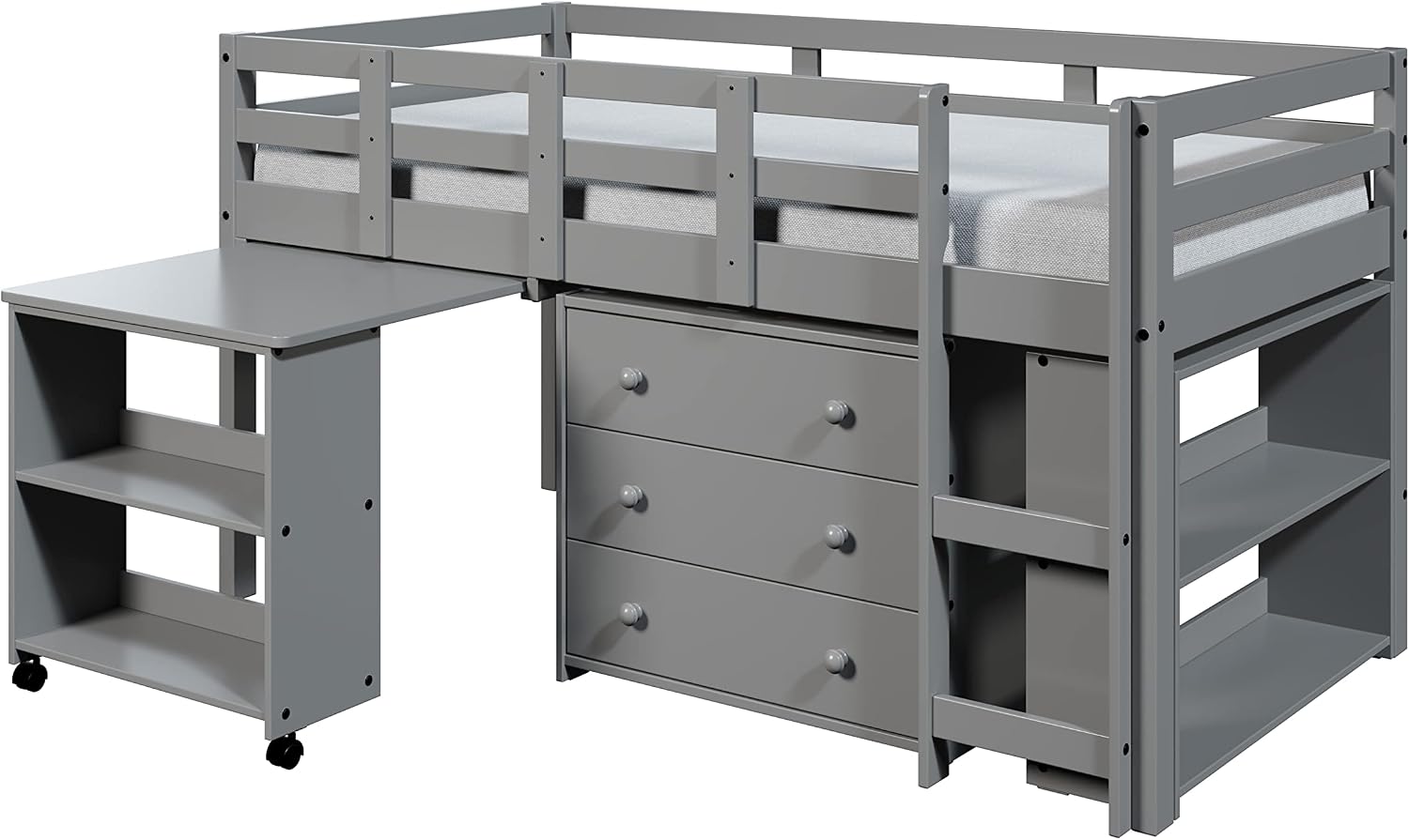 Grey Solid Wood Twin Kids Low Loft Bed Frame with Rolling Desk, Drawers and Shelves