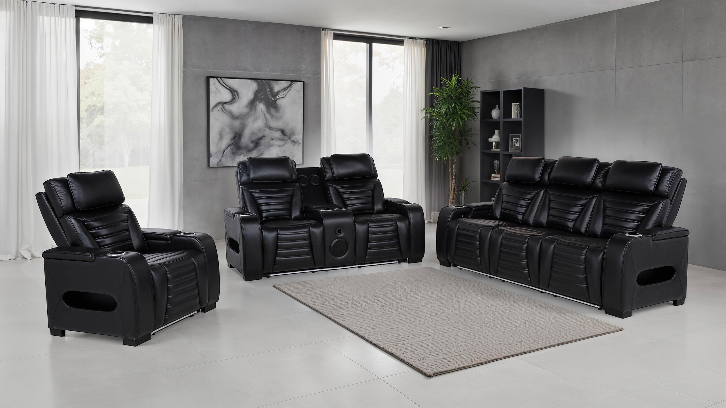 Zuma 3-piece Faux Leather Dual Power LED Sofa Set In Black