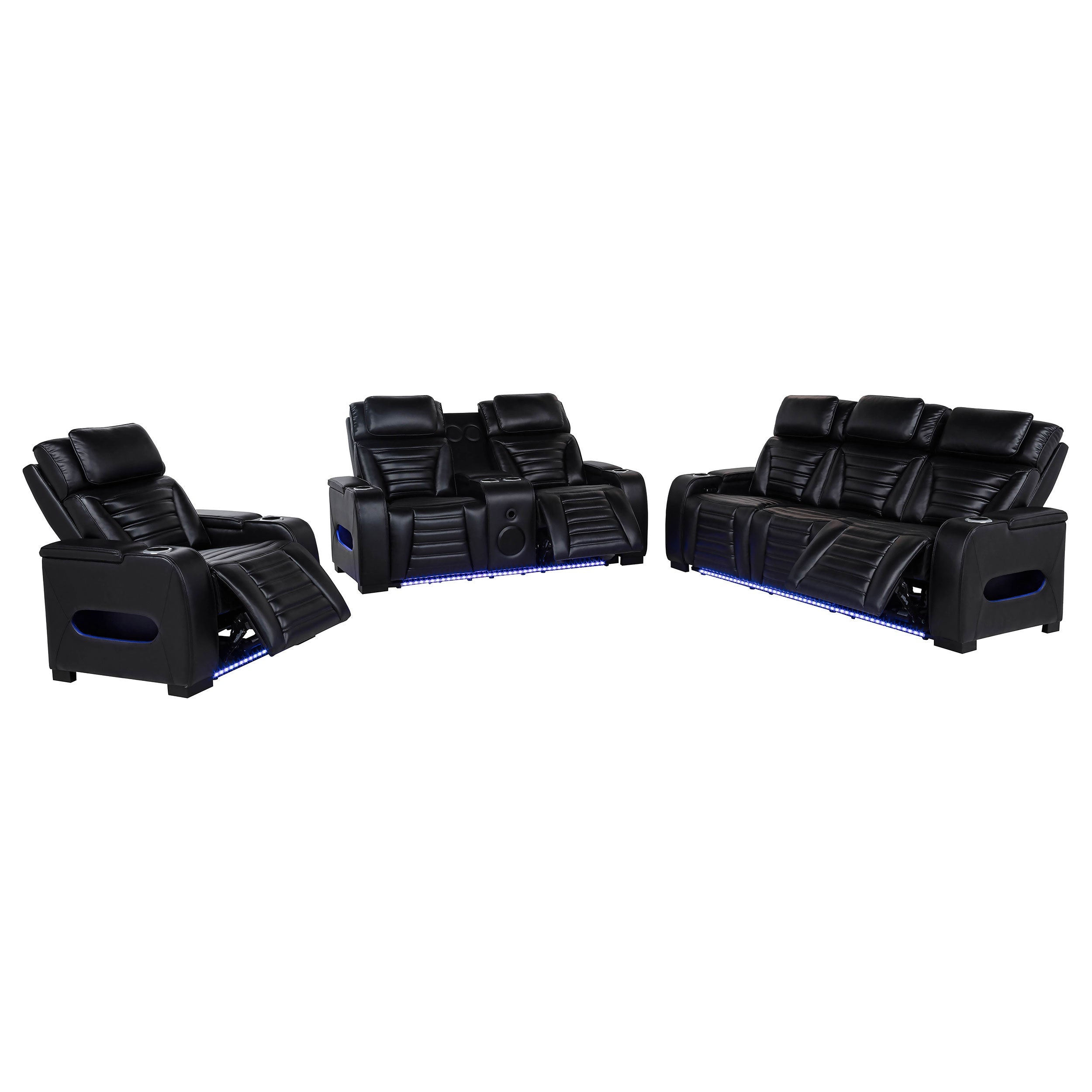 Zuma 3-piece Faux Leather Dual Power LED Sofa Set In Black