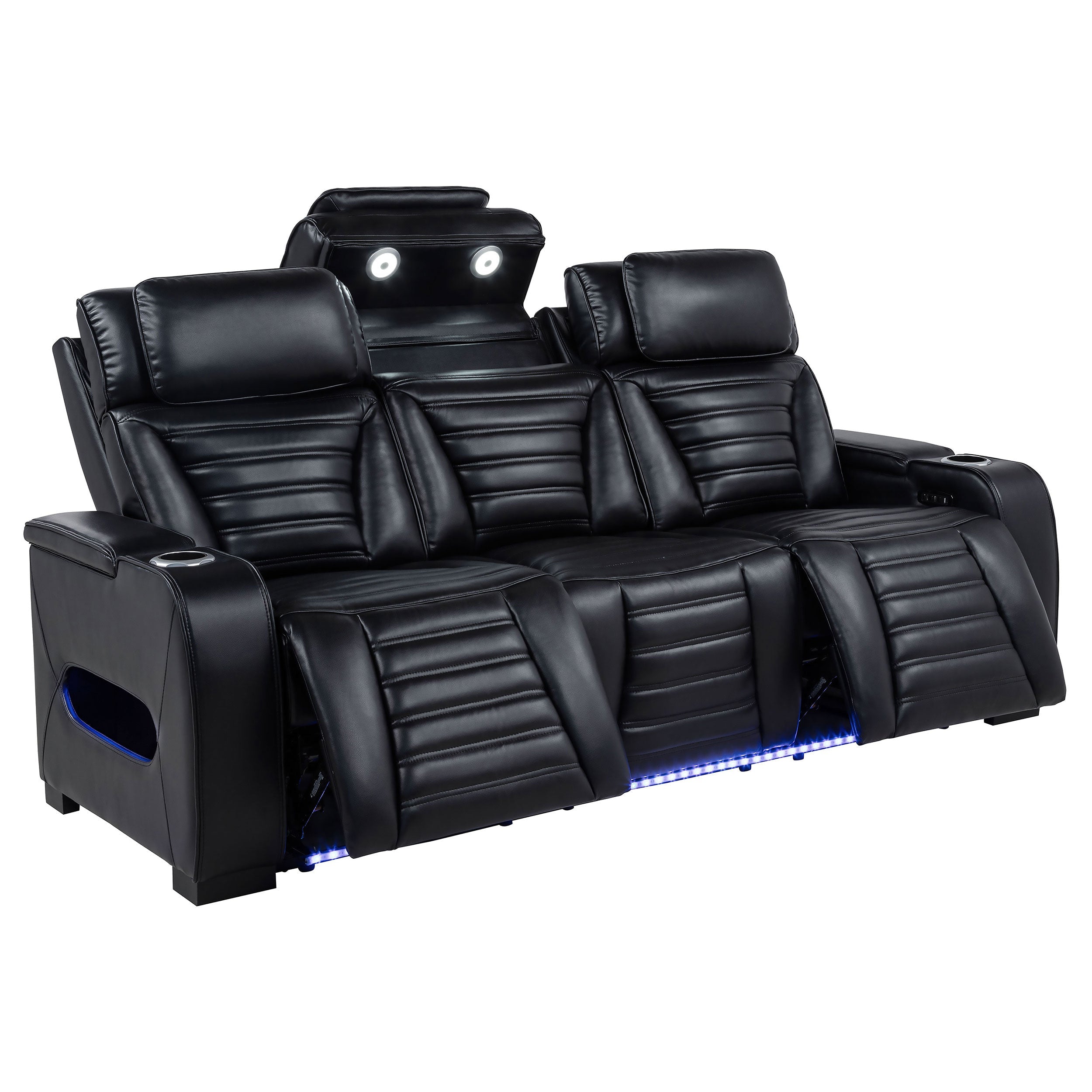 Zuma 3-piece Faux Leather Dual Power LED Sofa Set In Black