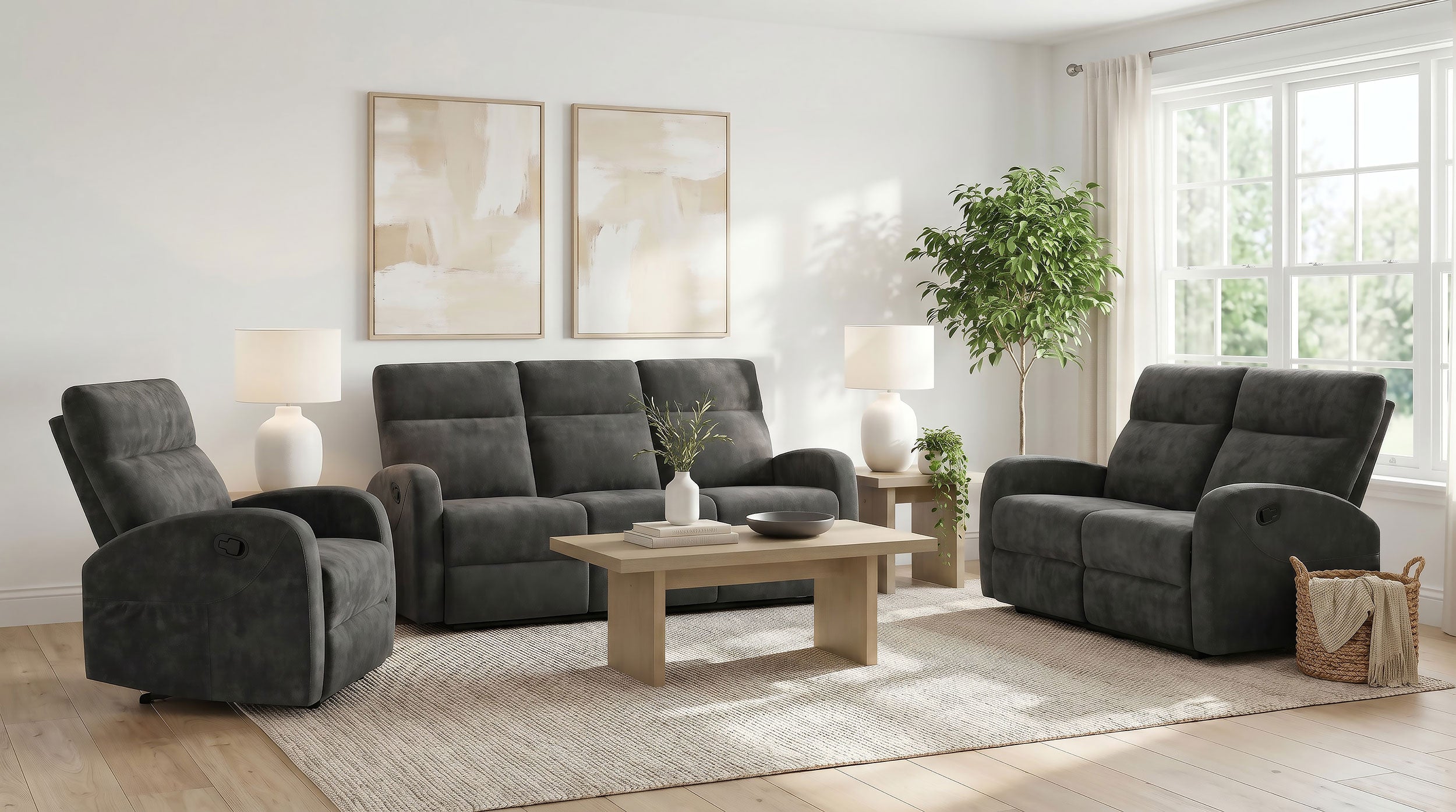 Hamilton 3-piece Chenille Manual Reclining Sofa Set Charcoal Grey