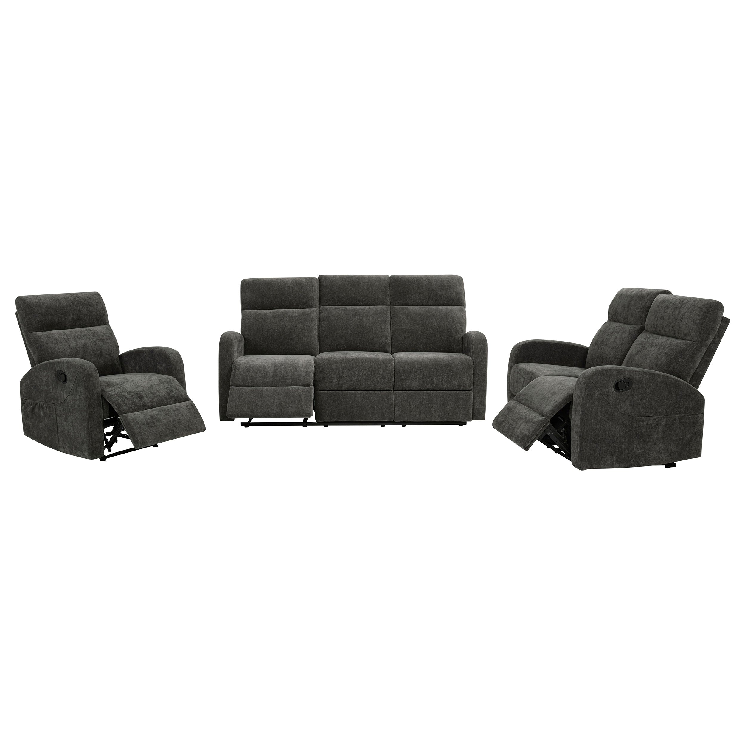 Hamilton 3-piece Chenille Manual Reclining Sofa Set Charcoal Grey