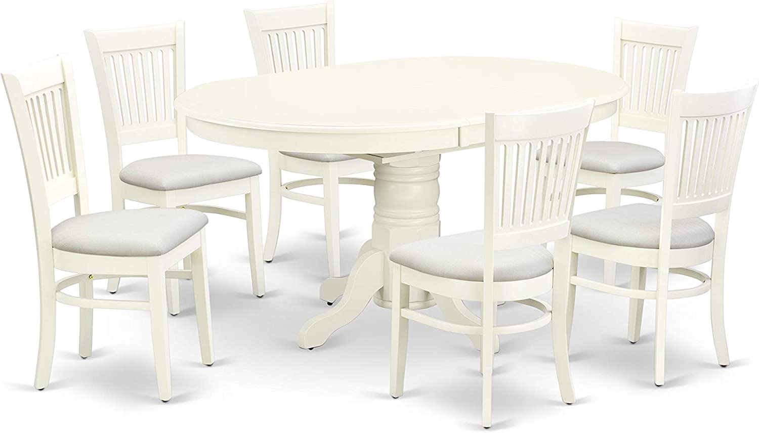 7 Pc Linen White Oval Dining Table With Leaf and 6 Upholstered Dining Chairs Set