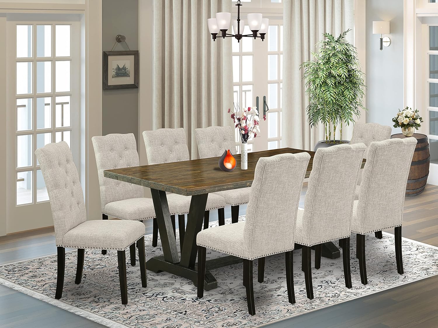 9 PC V-Style Rectangle Dining Table & Parson Chairs in Disressed Black/Jacobean