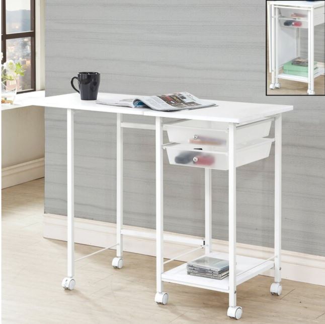 Portable White Finish Working Desk WorkStation with Tray Shelves and Casters