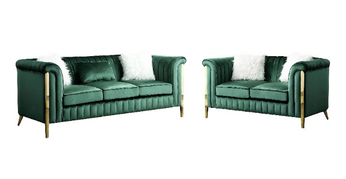 Fara Modern 2pc Sofa And love seat Living room set In Emerald Green Velvet