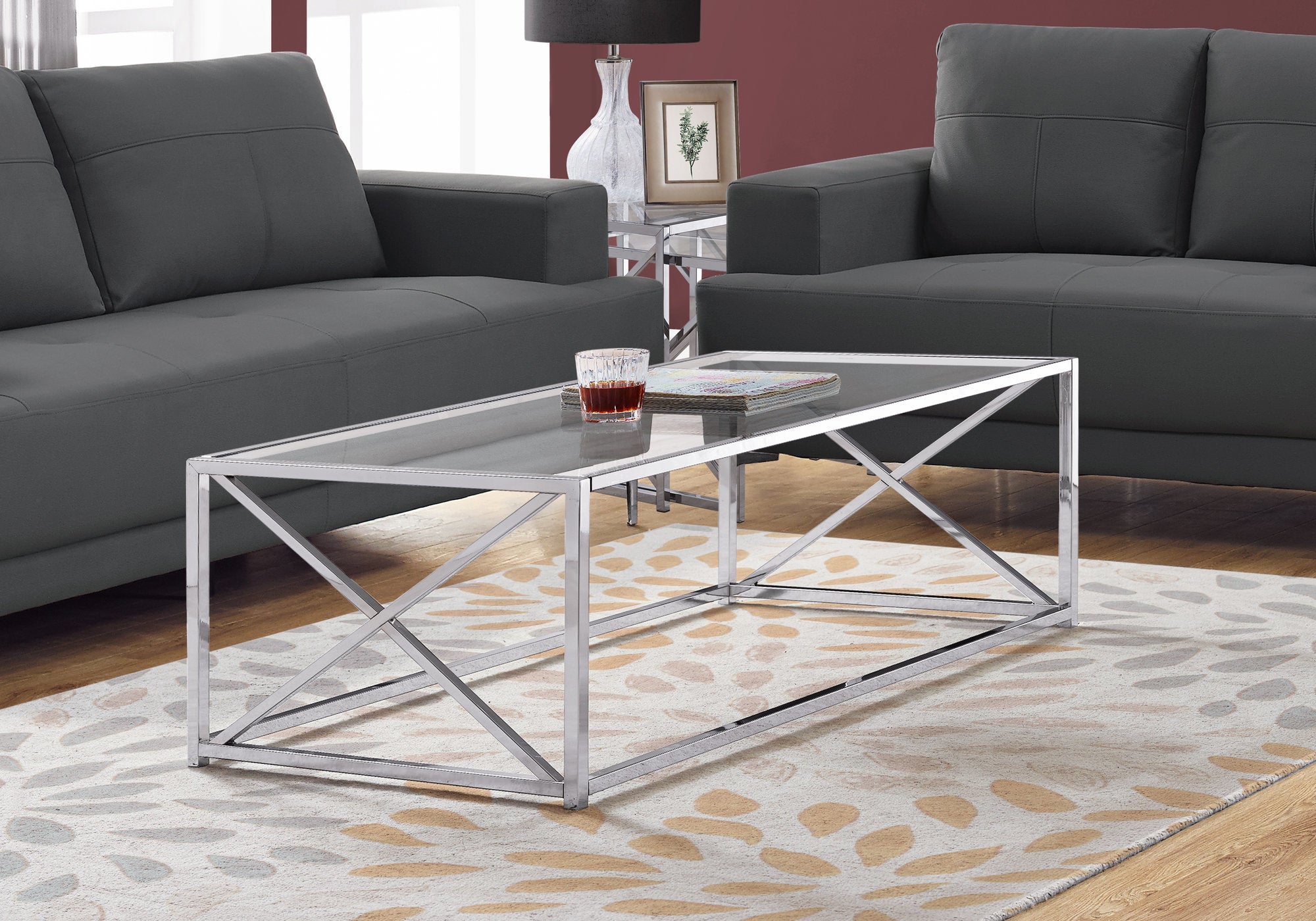 X Design Modern Glass Top Coffee table In Chrome