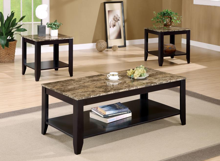 3-Piece Faux Marble Occasional Coffee Table Set With Shelf in Cappuccino
